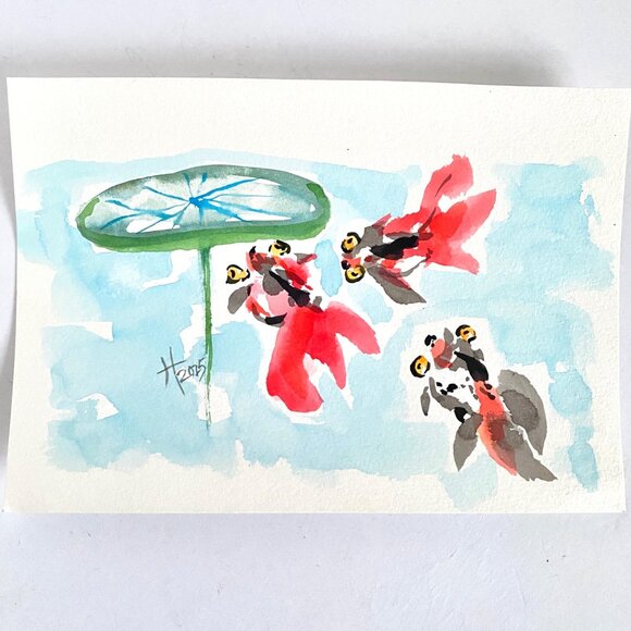 Playful Goldfish Original Watercolor Wall Art Painting 8x10in Matted Frame Ready - Picture 4 of 6